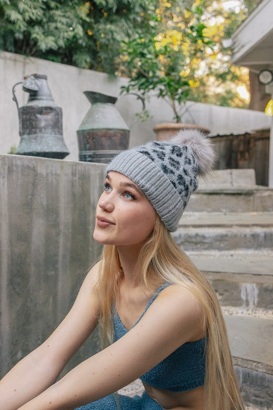 Leto Accessories Leopard Knit Beanie